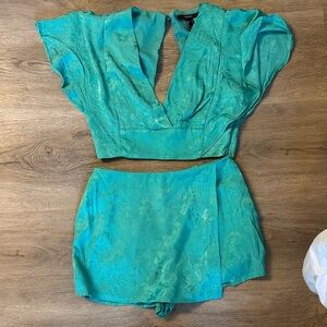 Forever 21- Teal Two-Piece Set with Plunging Neckline- size small